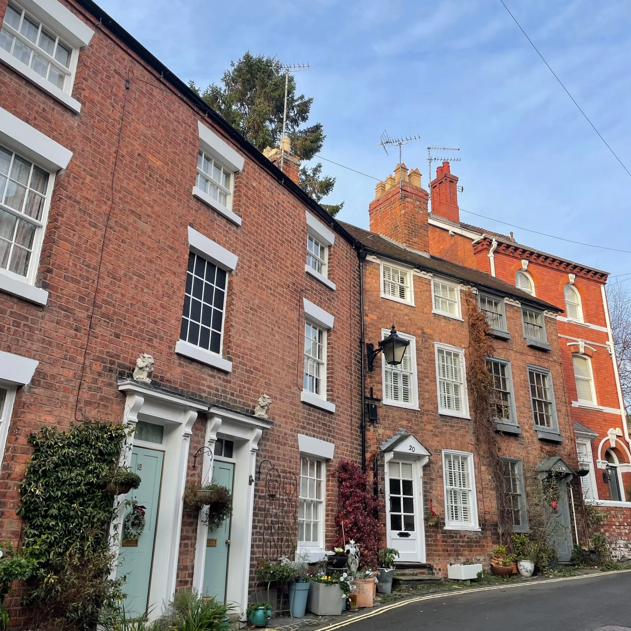 A row of traditional brick townhouses with colorful front doors, flower arrangements, and plants outside on a quiet street under a clear blue sky.