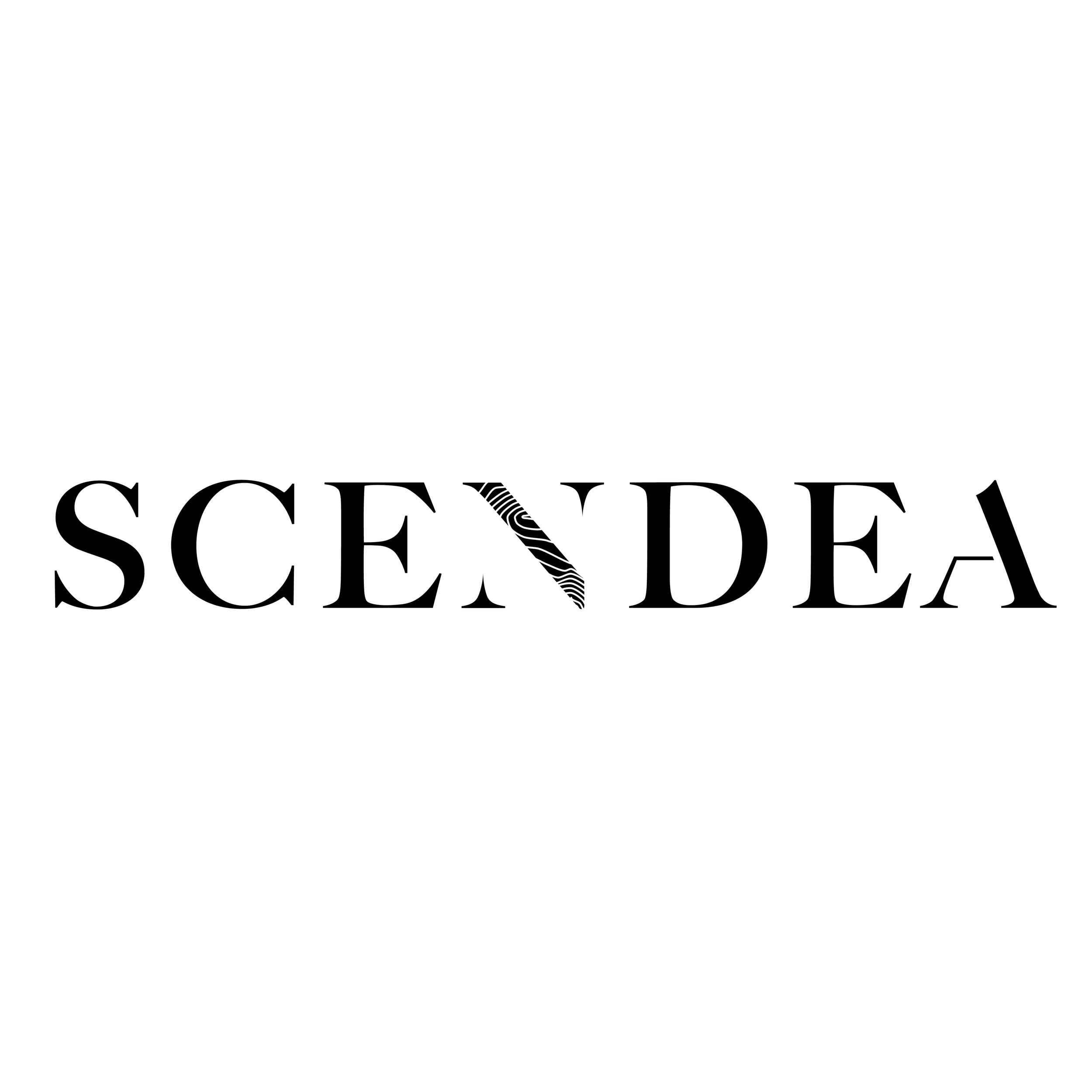 The word "SCENDEA" in large black serif font on a white background with stylized black lines cutting through the letters.