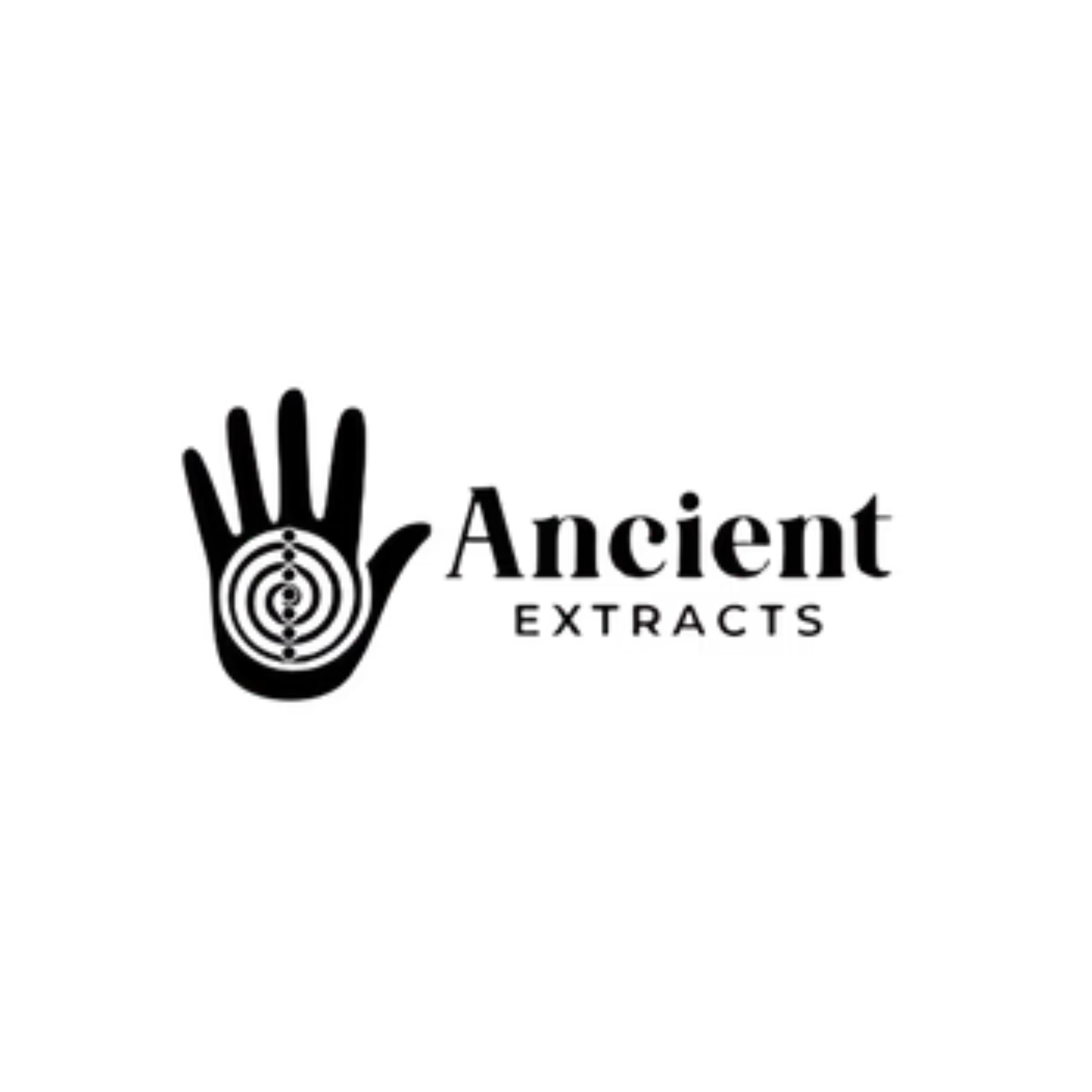 Logo of Ancient Extracts with a black illustration of a hand with concentric circles at the palm and fingers, and text reading 'Ancient Extracts' in black.