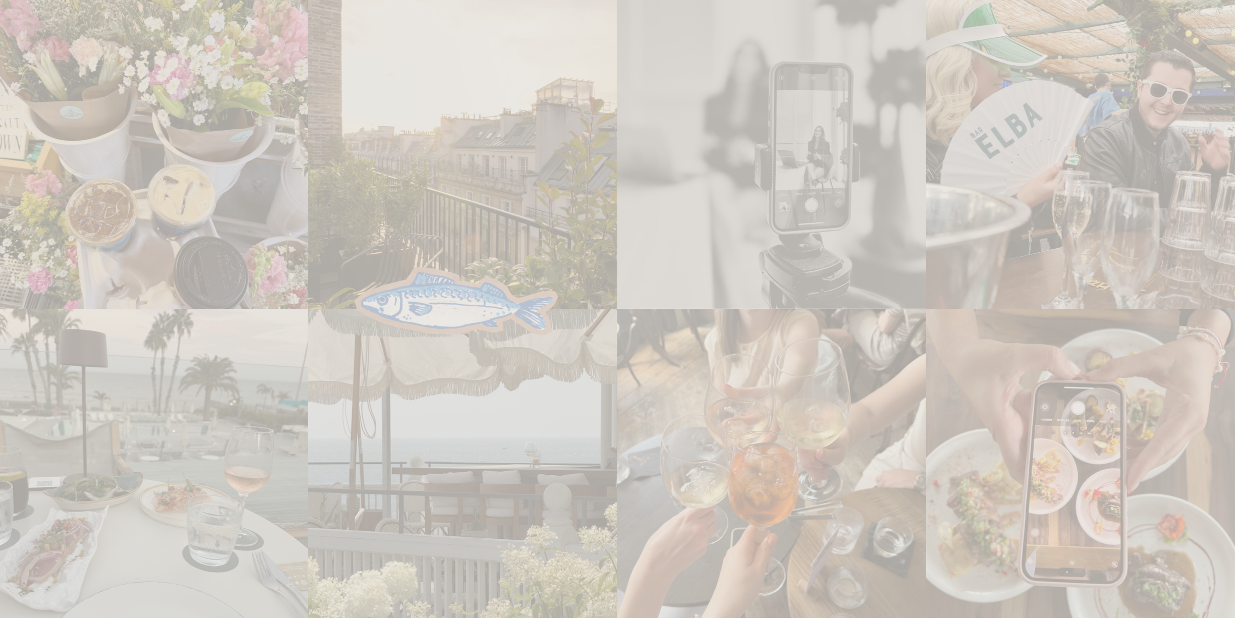 Photos of a rooftop gathering with food, drinks, flowers, and people dining and socializing outdoors.