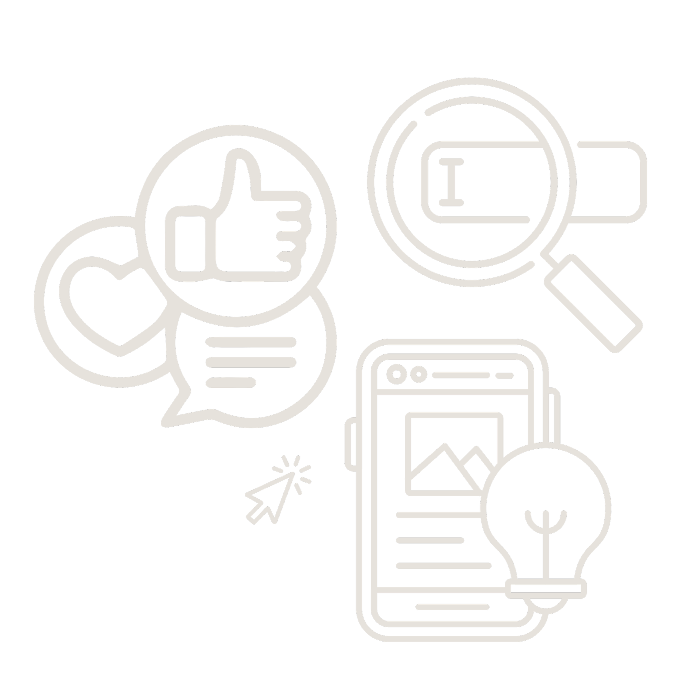 Line art illustration of a magnifying glass, speech bubbles, a computer monitor, and various icons representing search, communication, and technology on a black background.