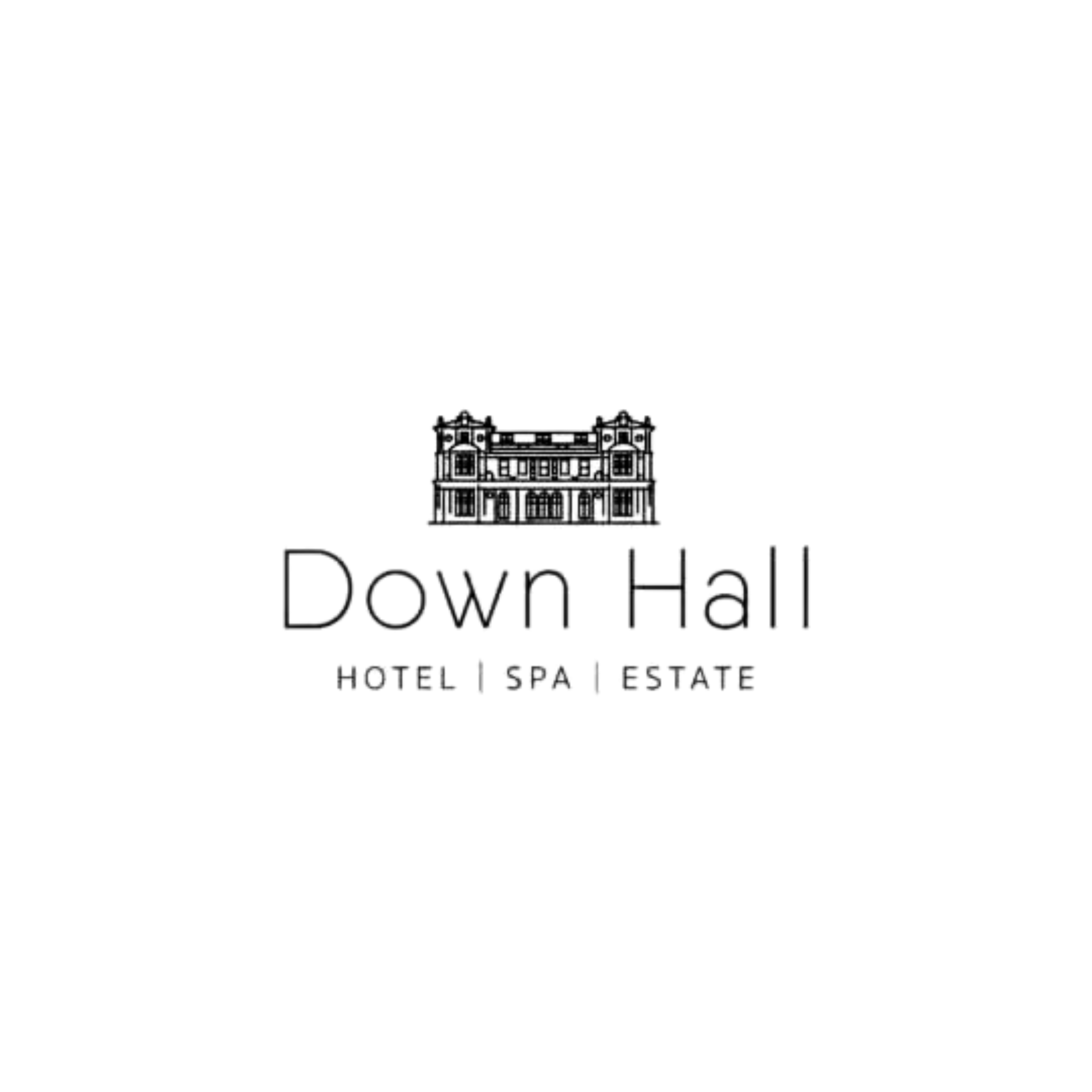 Black and white logo of a historic building with the words 'Down Hall, Hotel Spa Estate' underneath.