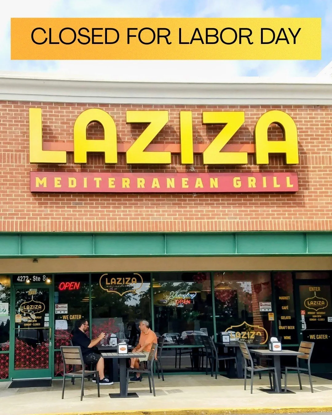 The first fall holiday! It's Labor Day -- we're closing all of our locations Monday, September 7, so that our hardworking team can enjoy a day off. 

lazizagrill.com
