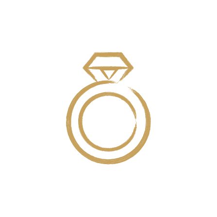 Outline of a diamond engagement ring with a large central diamond.