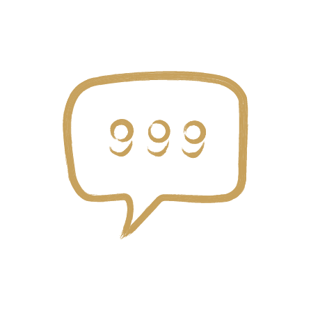 A speech bubble with the number 999 inside, drawn in gold on a black background.