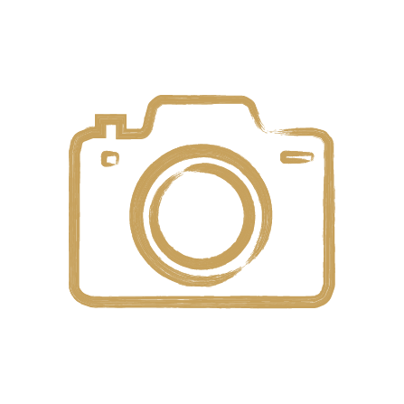 Outline illustration of a camera in gold color.