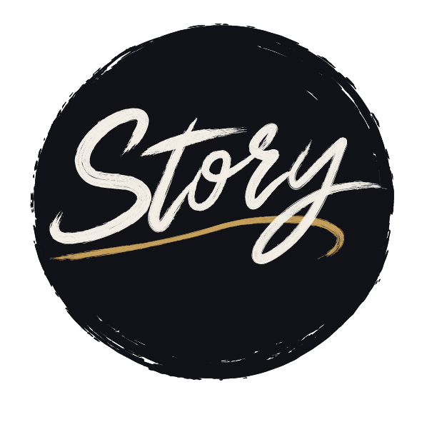 The word 'Story' written in white cursive on a black circular background with a gold underline.