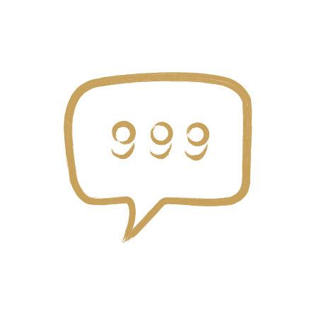 A speech bubble with the number 999 inside, drawn in black and gold.
