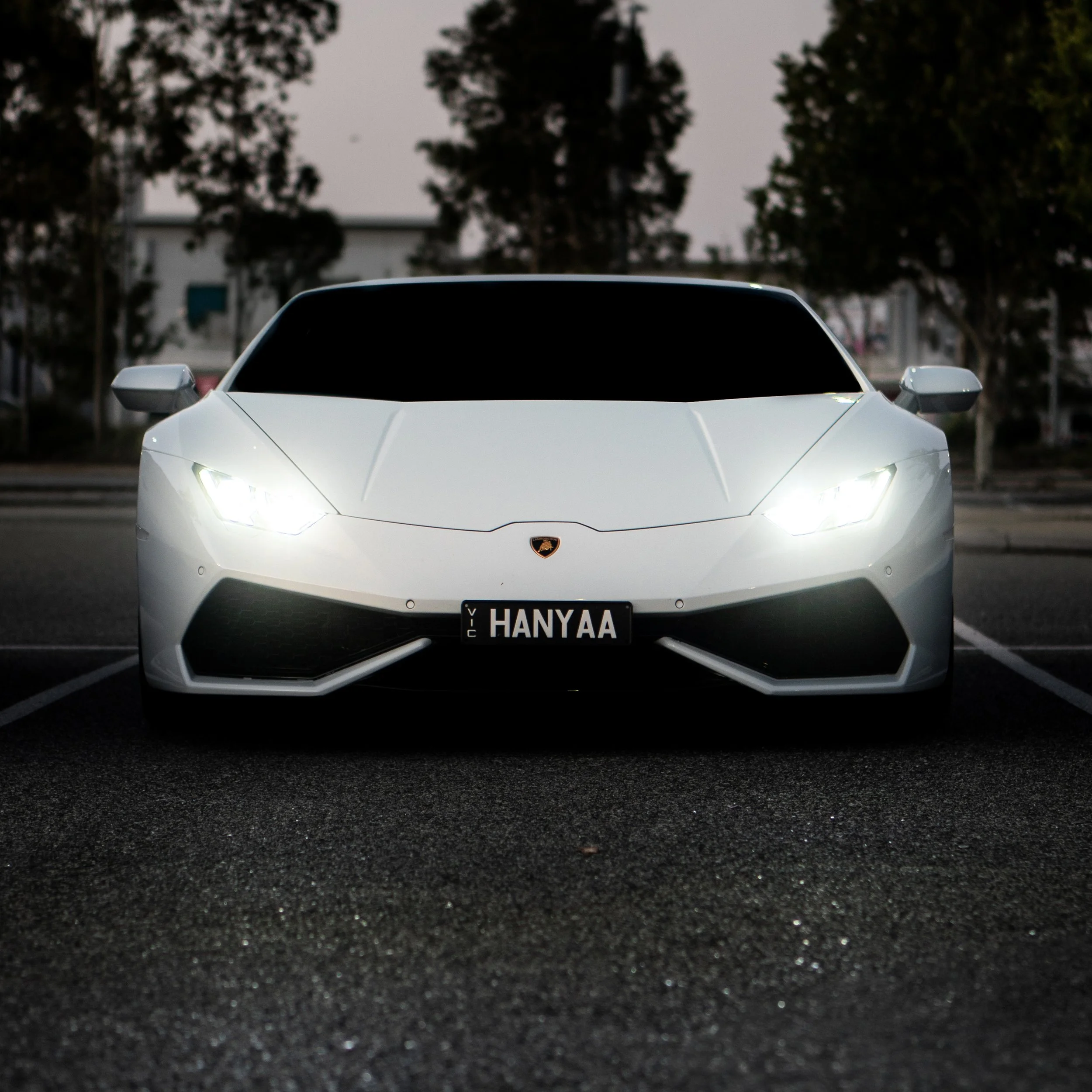 Front view of a white Lamborghini supercar parked outdoors, with trees in the background and a black license plate reading 'HANYAA.'