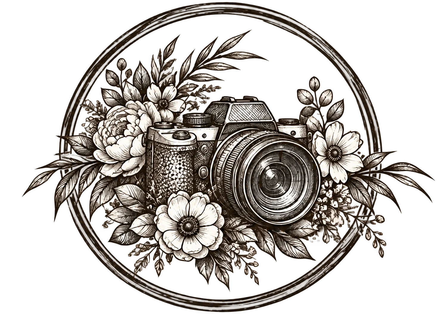Vintage circular ink illustration of a camera surrounded by flowers, symbolizing storytelling and personal connections.