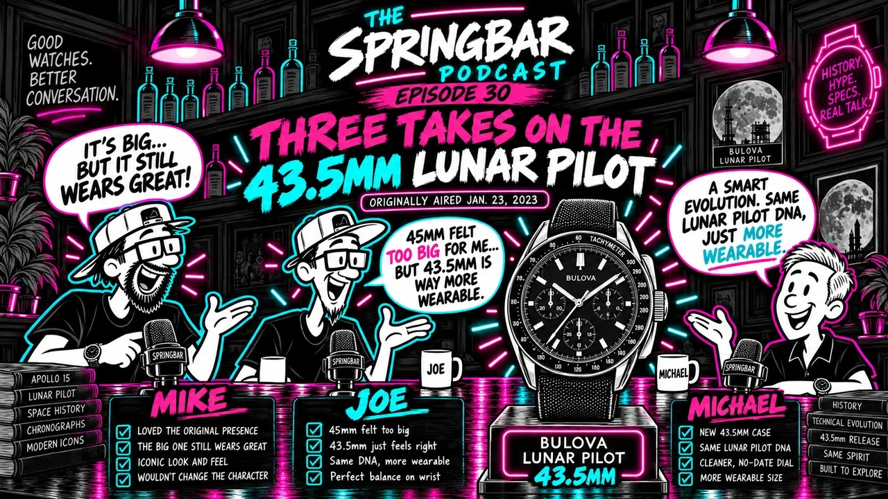 Springbar Podcast graphic contrasting Mike's appreciation for the larger Bulova Lunar Pilot with Joe's preference for the smaller 43.5mm version.