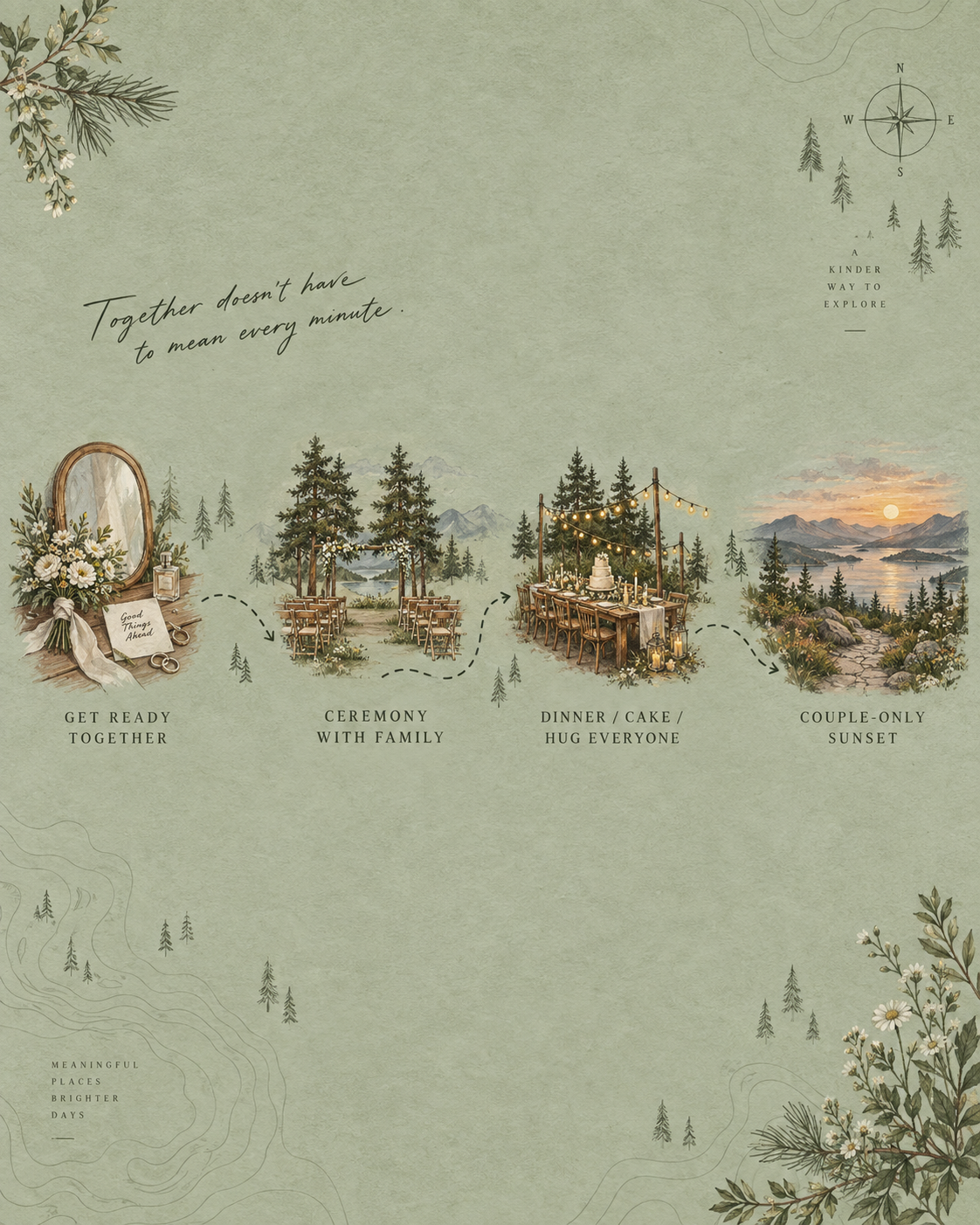 Illustrated elopement day flow showing getting ready together, a family ceremony, dinner and cake with guests, and a couple-only sunset.