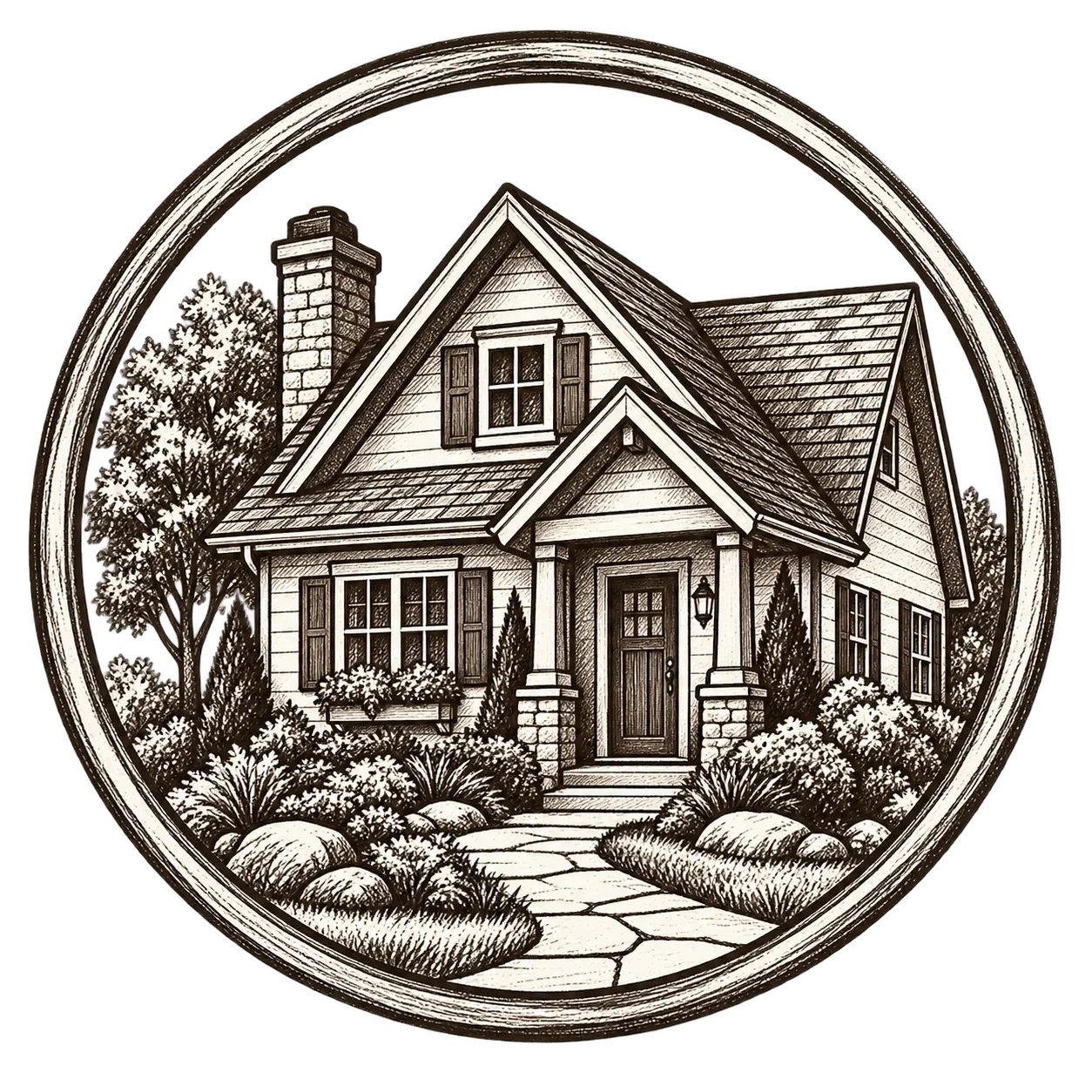 Vintage circular ink illustration of a welcoming cabin surrounded by mountains, palm trees, flowers, a camera, compass, and watch-themed accessories, bringing three creative worlds together.