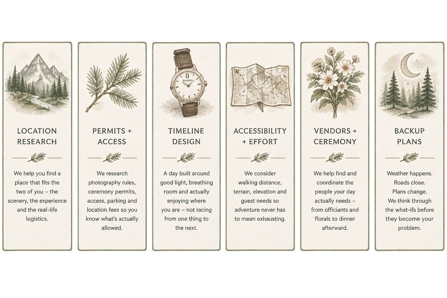 River Branch elopement planning services covering location research, permits, timeline design, accessibility, vendors and backup plans.