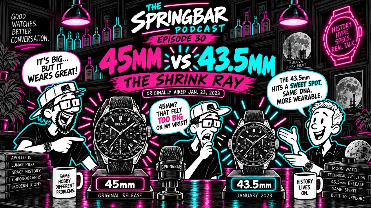 Humorous comparison of the 45mm and 43.5mm Bulova Lunar Pilot watch cases, illustrating the size reduction introduced in 2023.