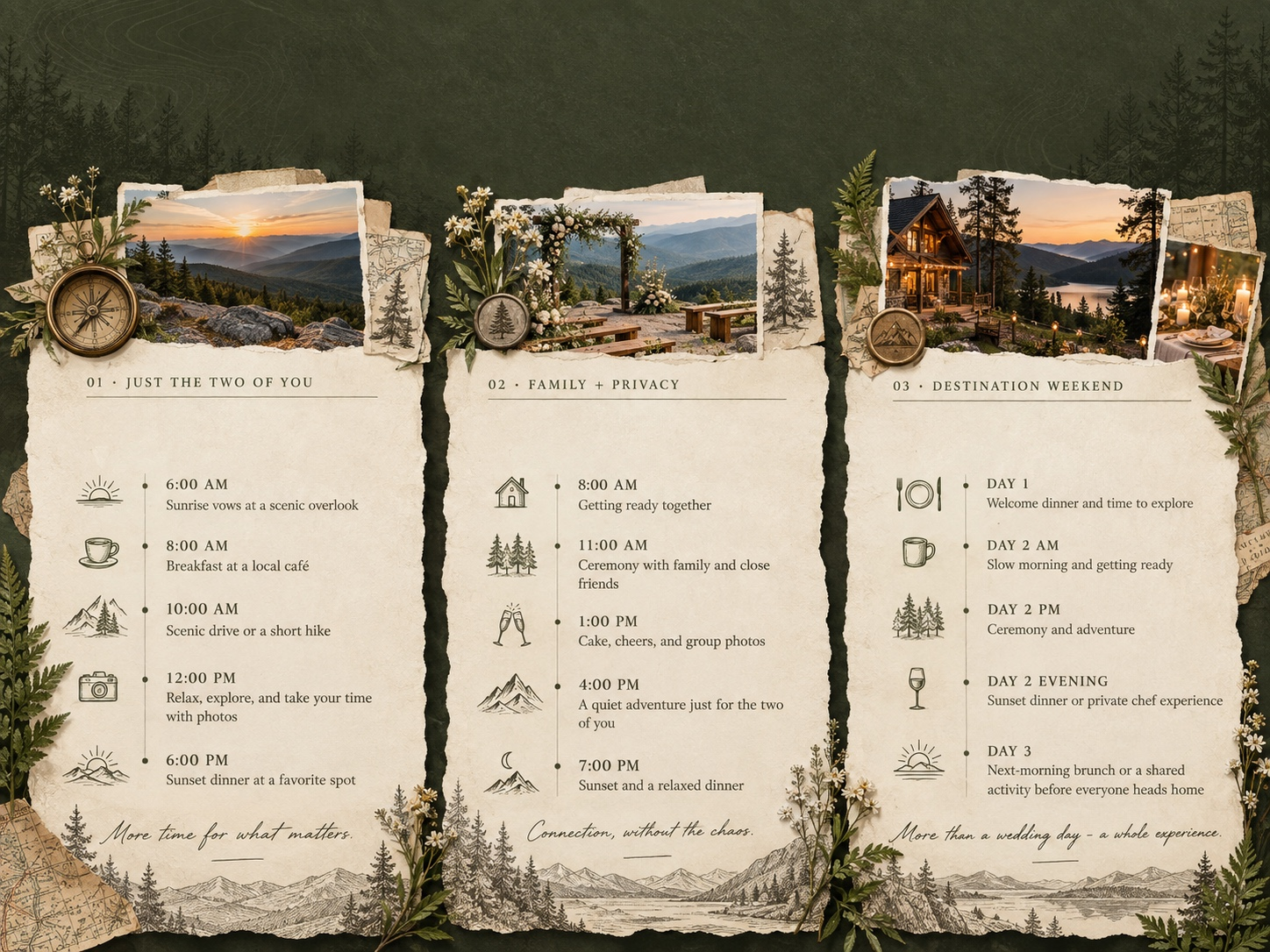 Three sample adventure elopement timelines showing a just-us wedding day, a family ceremony with couple-only adventure time, and a destination wedding weekend with meals, scenic activities, and sunset experiences.