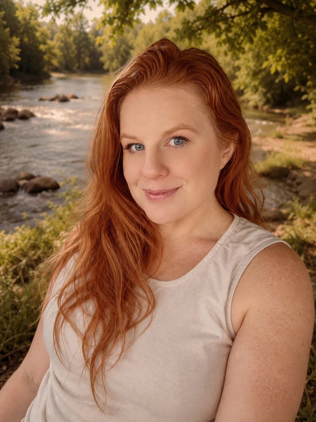 DeShawna, co-founder of River Branch Adventure Co, sitting beside a peaceful river surrounded by trees in a natural Florida landscape.