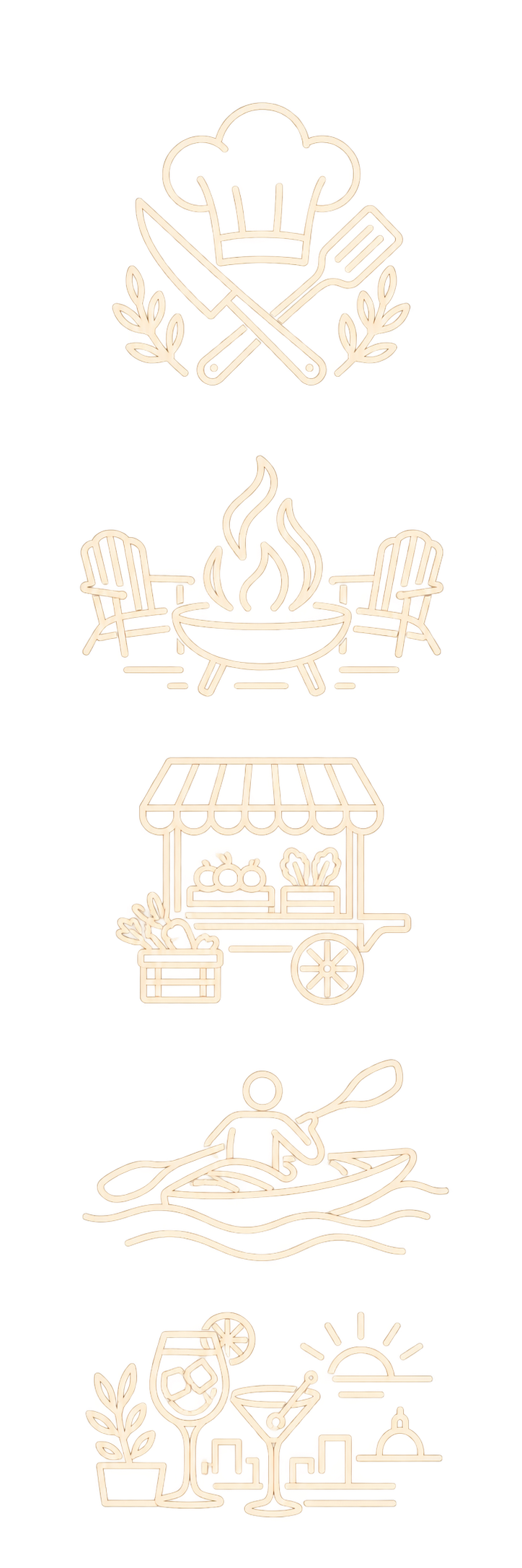 icons on a transparent background featuring a chef, fire pit, market stand, kayak, and coctails