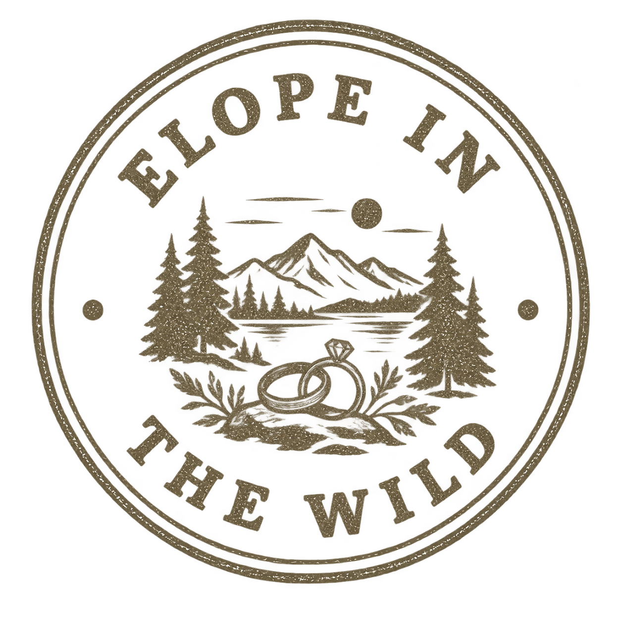 elope in the wild trail guide stamp with a transparent background featuring a mountain scene and wedding rings