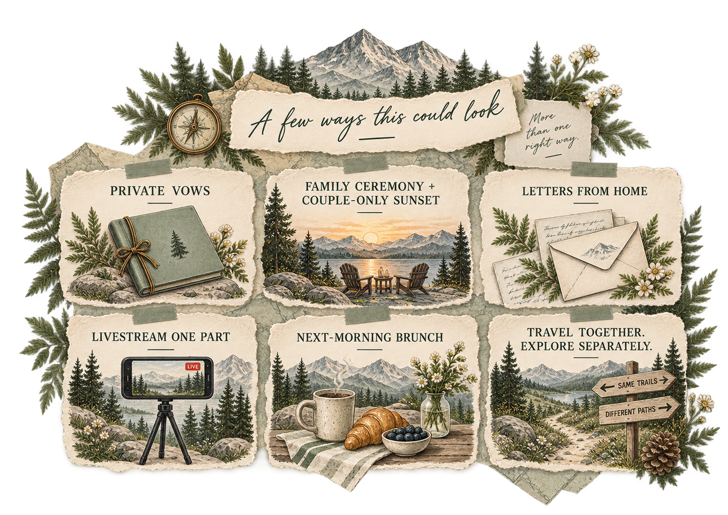 Illustrated elopement ideas showing private vows, a family ceremony with a couple-only sunset, letters from home, livestreaming the ceremony, next-morning brunch, and traveling together while exploring separately.