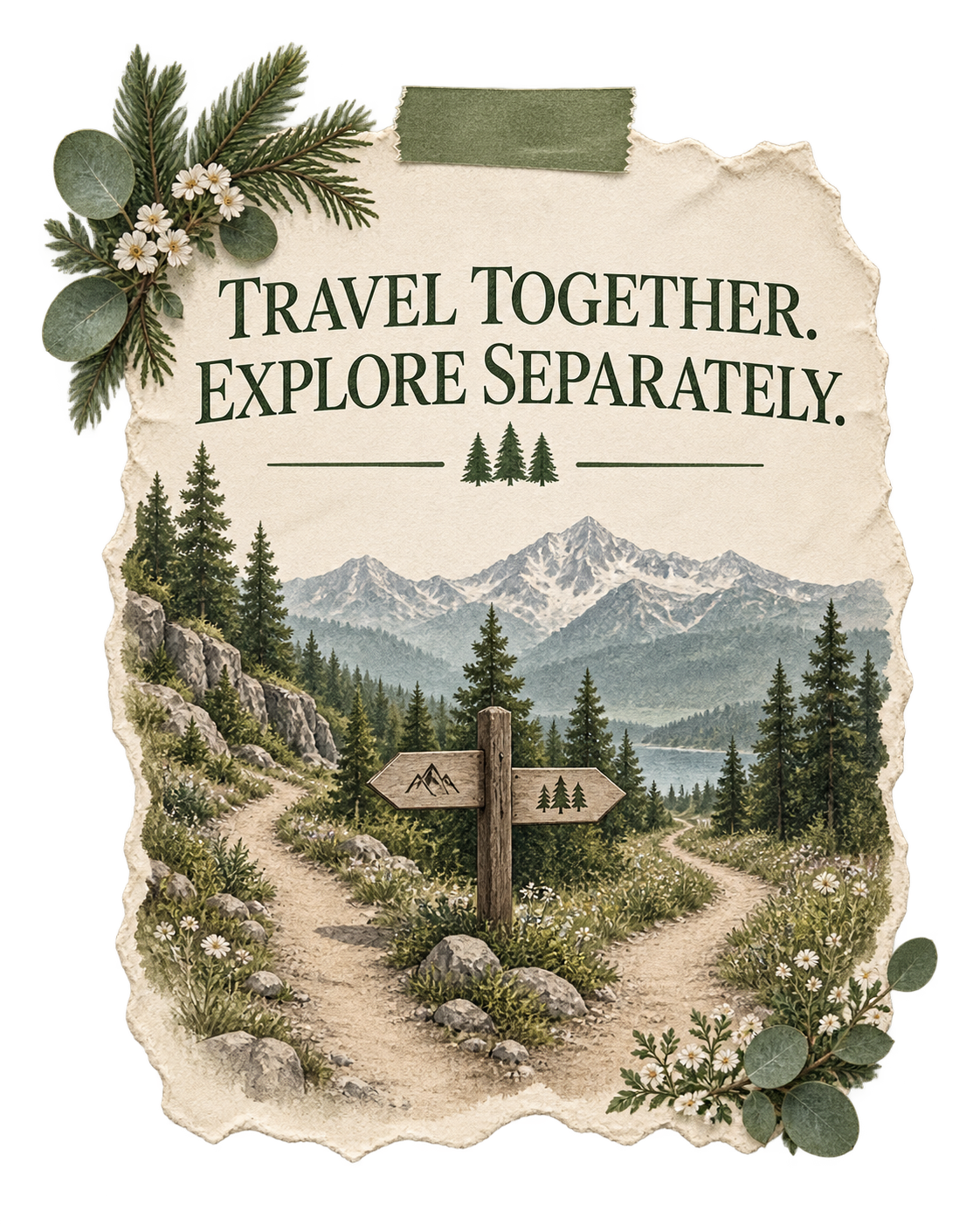 Travel together, explore separately elopement card with a forked mountain trail, evergreen trees, alpine lake, and wildflowers on torn cream paper.