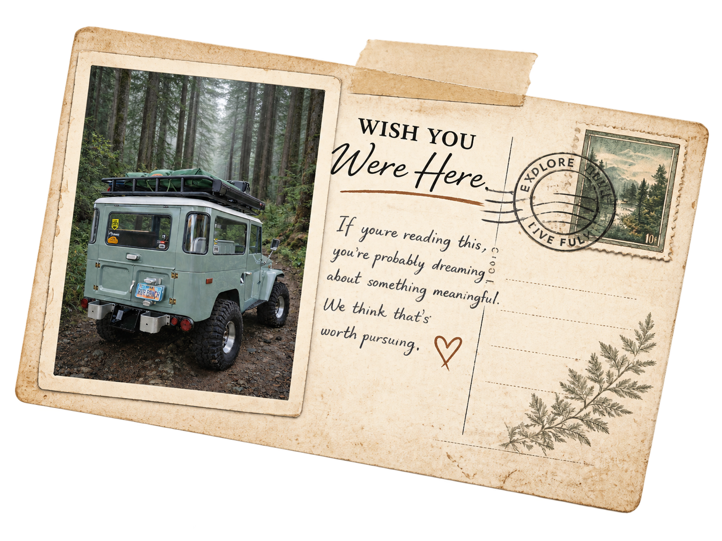 Vintage travel postcard featuring a classic off-road vehicle on a forest trail, symbolizing adventure, exploration, and meaningful journeys with River Branch Adventure Co.