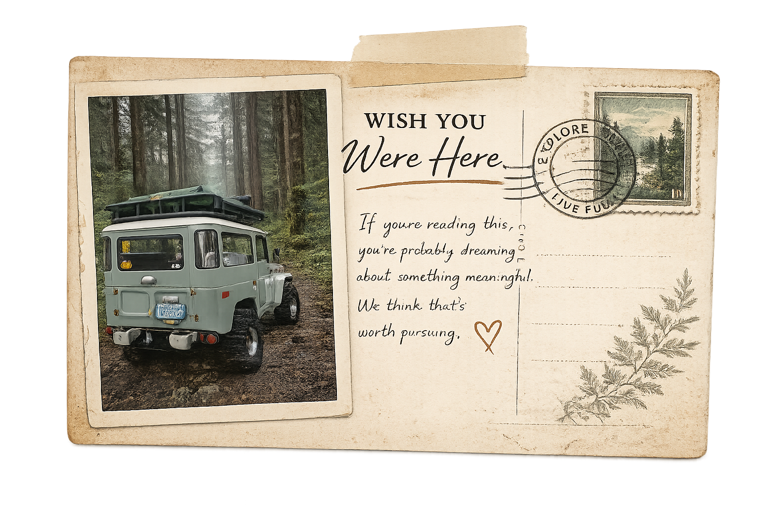 Vintage travel postcard featuring a classic off-road vehicle on a forest trail, symbolizing adventure, exploration, and meaningful journeys with River Branch Adventure Co.