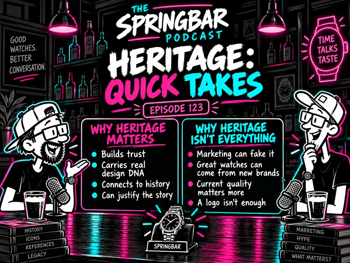 Springbar Podcast Episode 123 graphic comparing why watch brand heritage matters with why history alone cannot guarantee quality, featuring Mike and Joe.