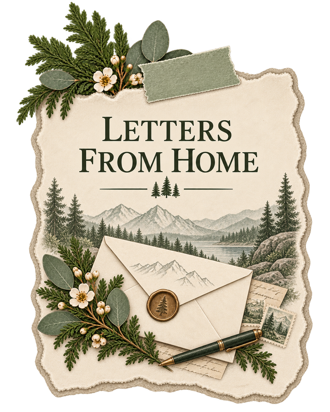 Letters from home elopement card with a sealed envelope, handwritten notes, evergreen foliage, white flowers, and mountain trail-guide illustrations on torn cream paper.