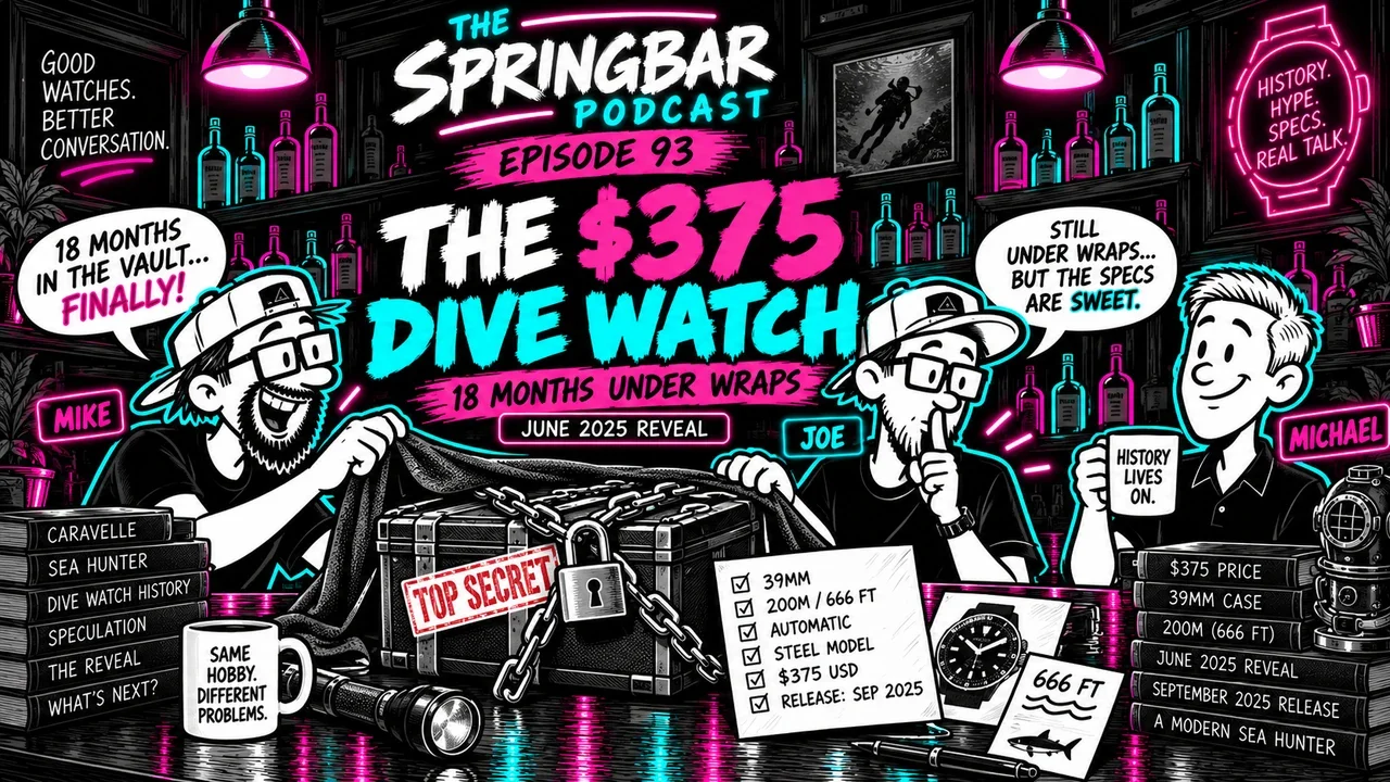 Springbar Podcast Episode 93 cartoon with Mike, Joe and Michael Benavente revealing an 18-month Caravelle Sea Hunter secret in a pink and cyan neon bar.