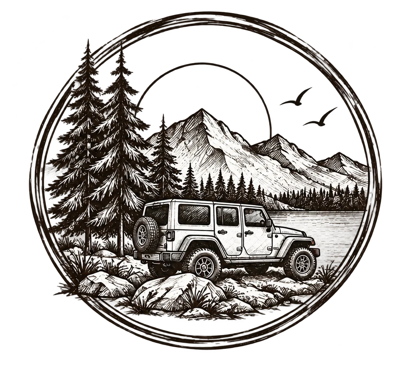 Vintage circular ink illustration of an off-road vehicle beside a mountain lake and pine forest, symbolizing exploration.