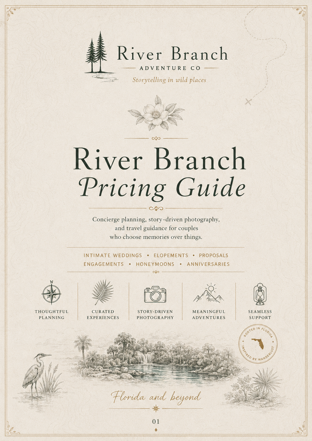 Pricing Guide cover for River Branch Adventure Co gives an overview of what is included such as concierge planning, photography, and travel guidance for weddings and proposals