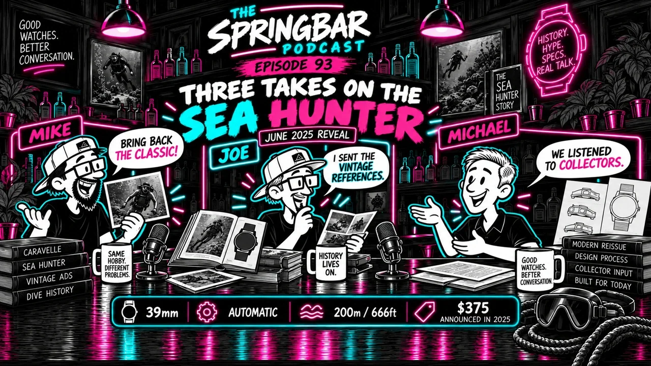 Mike, Joe and Michael Benavente discuss the 2025 Caravelle Sea Hunter revival, vintage watch references, collector feedback and original $375 launch pricing.