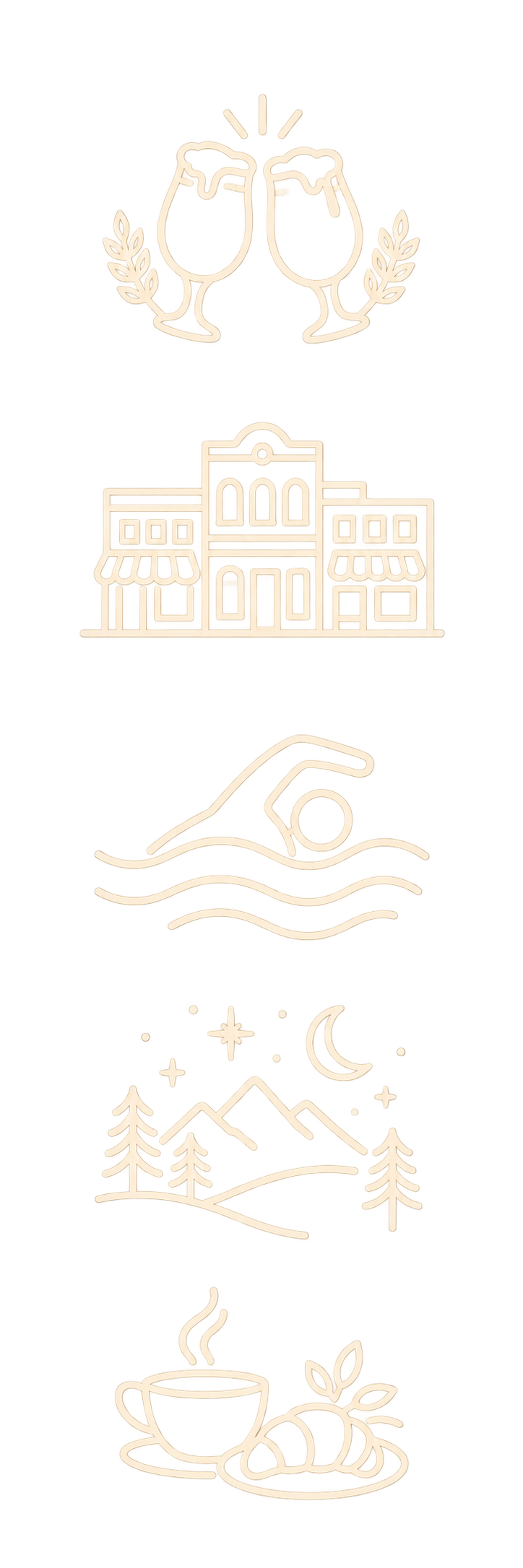 icons on a transparent background featuring drinks, a downtown building, swimming, stars, and a cafe