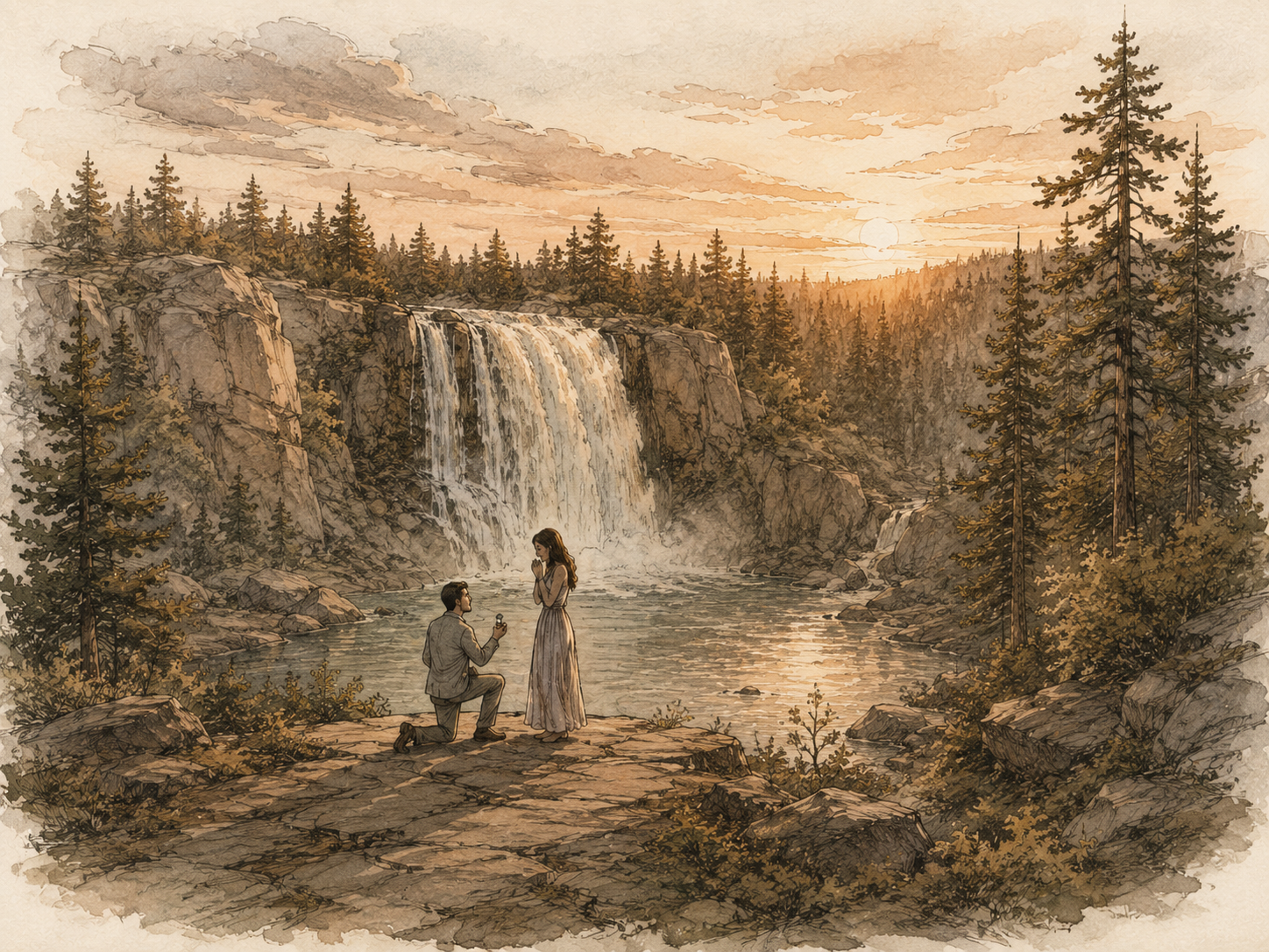 Watercolor-style illustration of a couple getting engaged beside a waterfall, representing River Branch proposal planning and photography experiences.