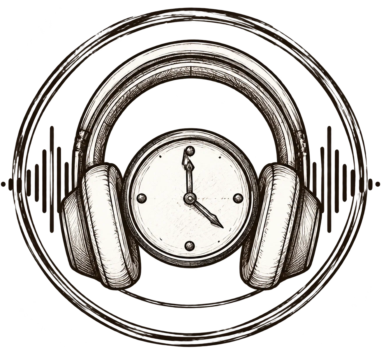 Vintage circular ink illustration of a watch and headphones, symbolizing shared interests and creative passion.