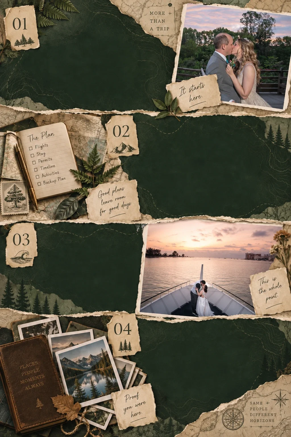 Vintage travel scrapbook collage featuring real wedding couples, maps, planning notes, mountain imagery, and adventure details for River Branch Adventure Co. travel planning.