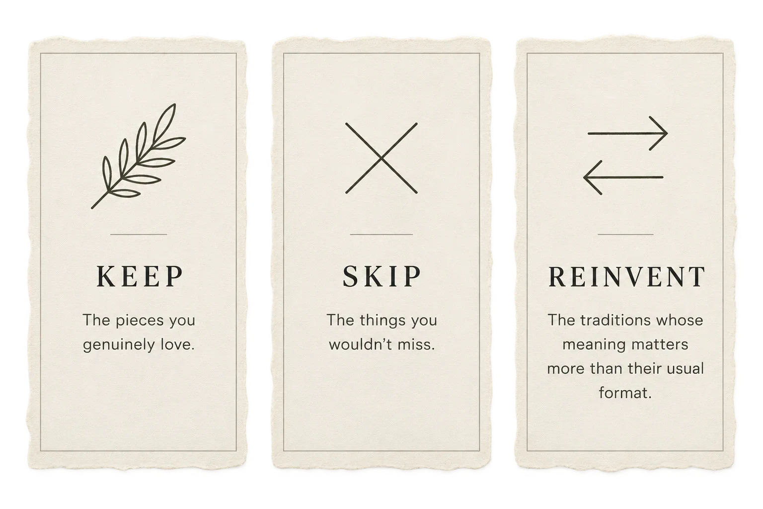 Keep, skip and reinvent wedding planning cards helping couples choose which traditions matter for their elopement or intimate wedding.