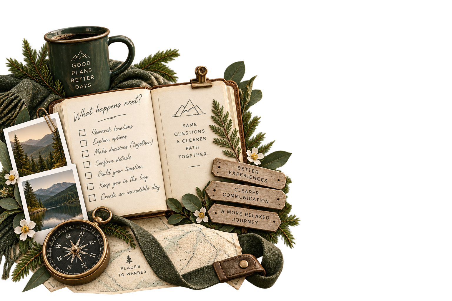 River Branch Adventure Co. planning journal, location research, maps and communication process for elopement and intimate wedding planning.