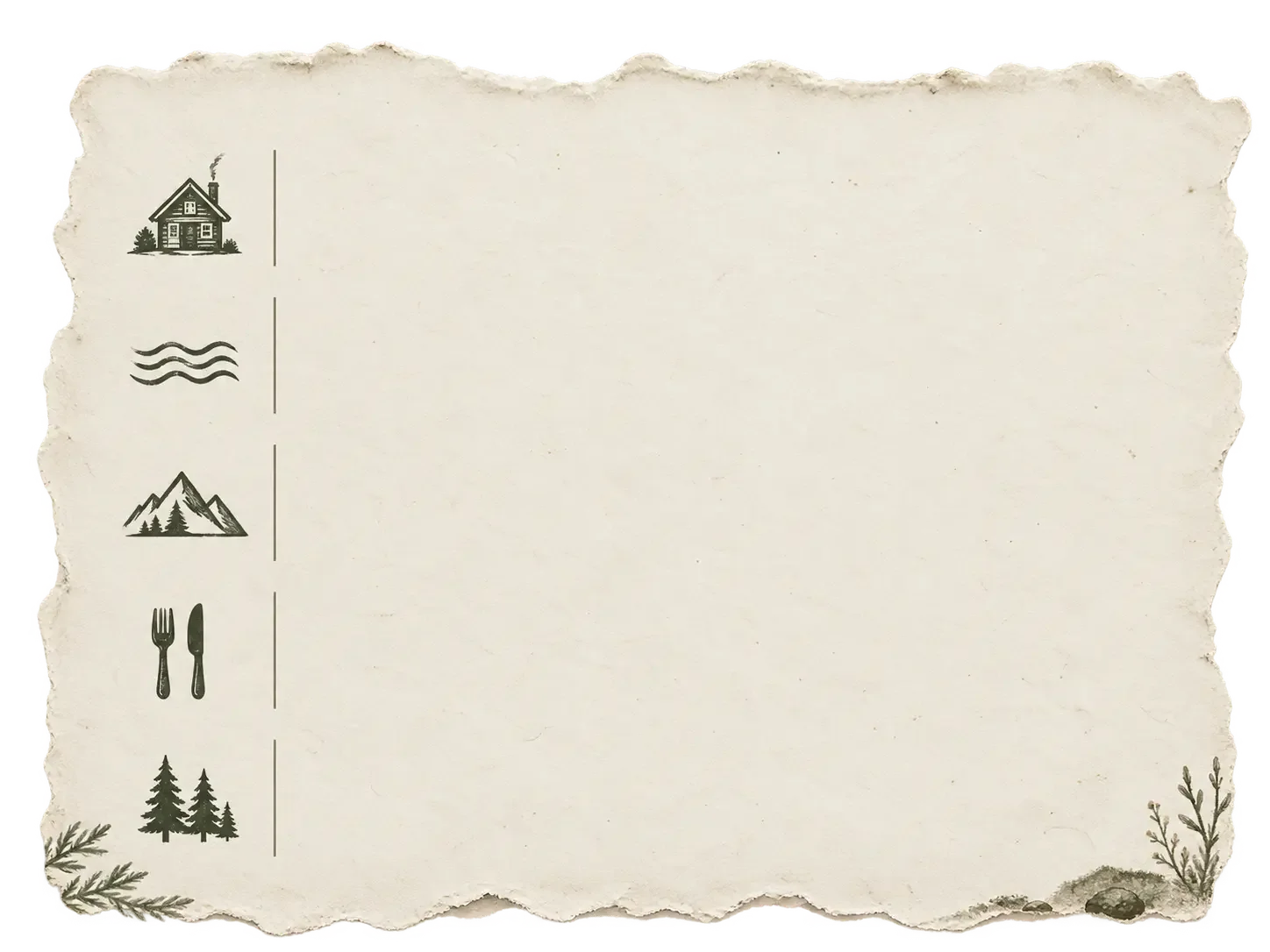 torn parchment paper background featuring a cabin, mountains, trees, and dining sign