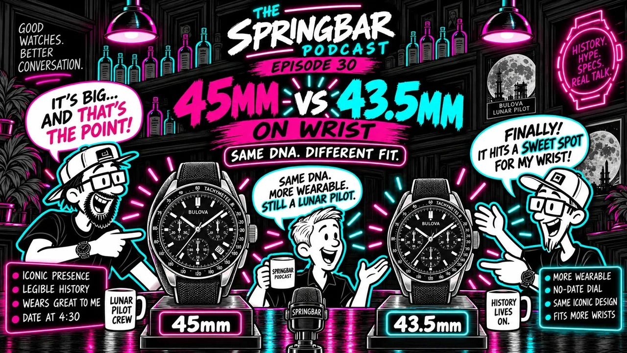 Mike and Joe from The Springbar Podcast compare the earlier 45mm Bulova Lunar Pilot with the smaller 43.5mm model introduced in January 2023.