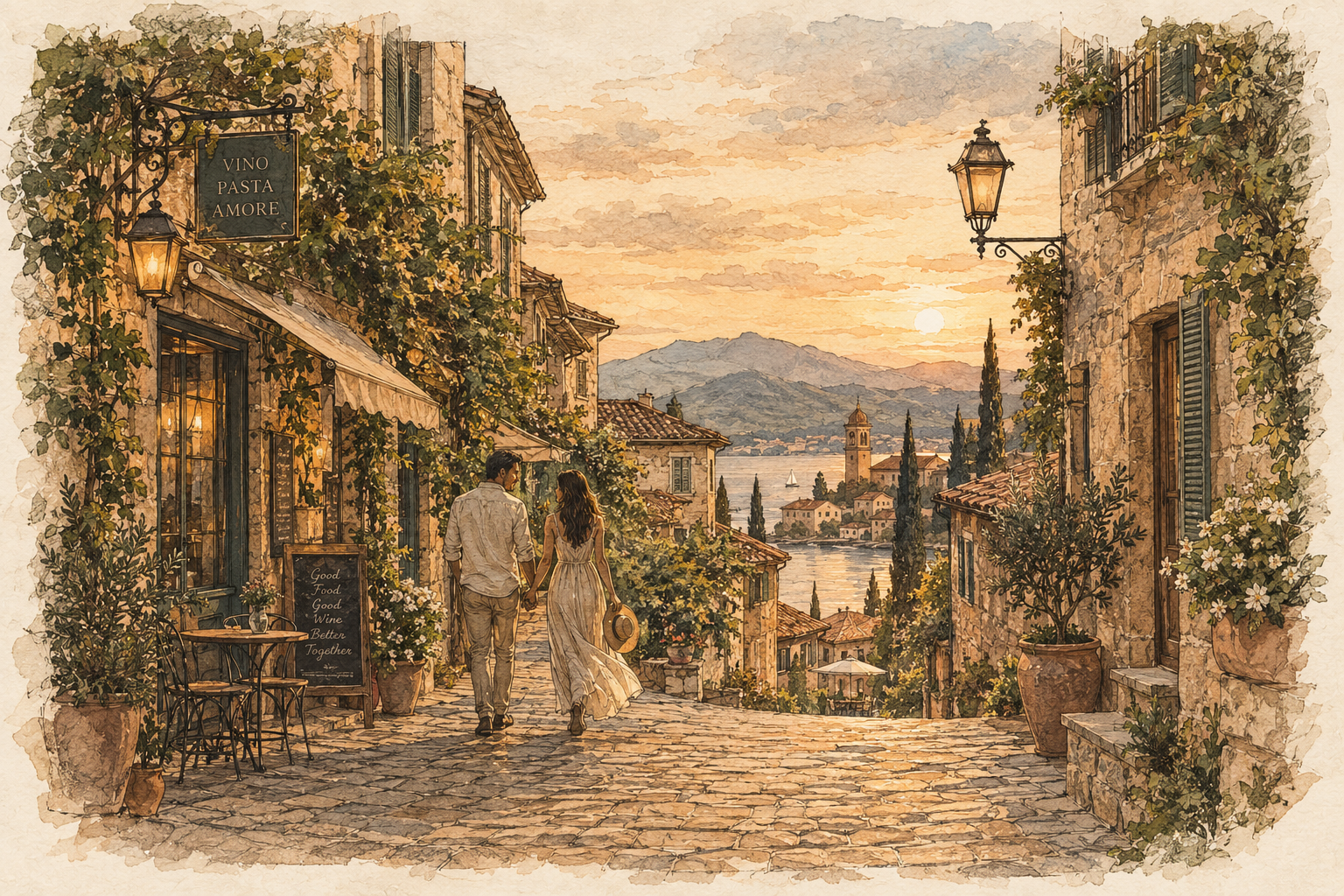 Watercolor-style illustration of a couple walking through an old-world cobblestone street lined with shops, representing River Branch anniversary sessions and meaningful couple experiences.