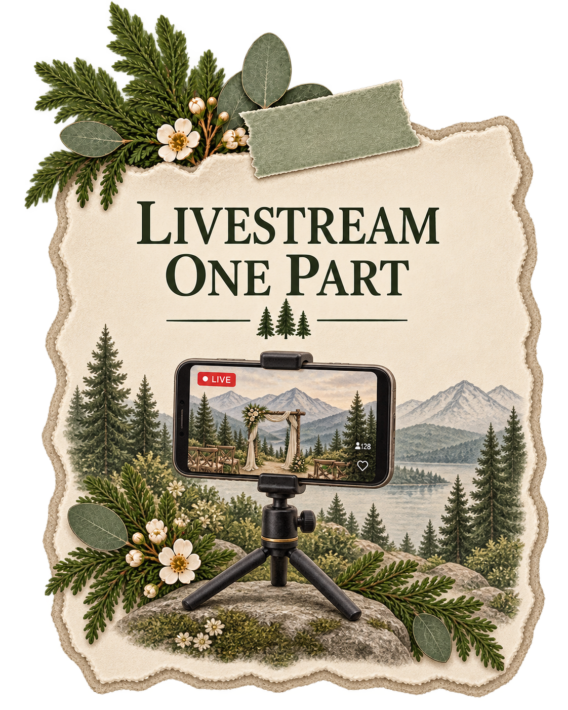 Next-morning brunch elopement card with coffee, croissant, berries, evergreen foliage, and a mountain lake view on torn cream paper.