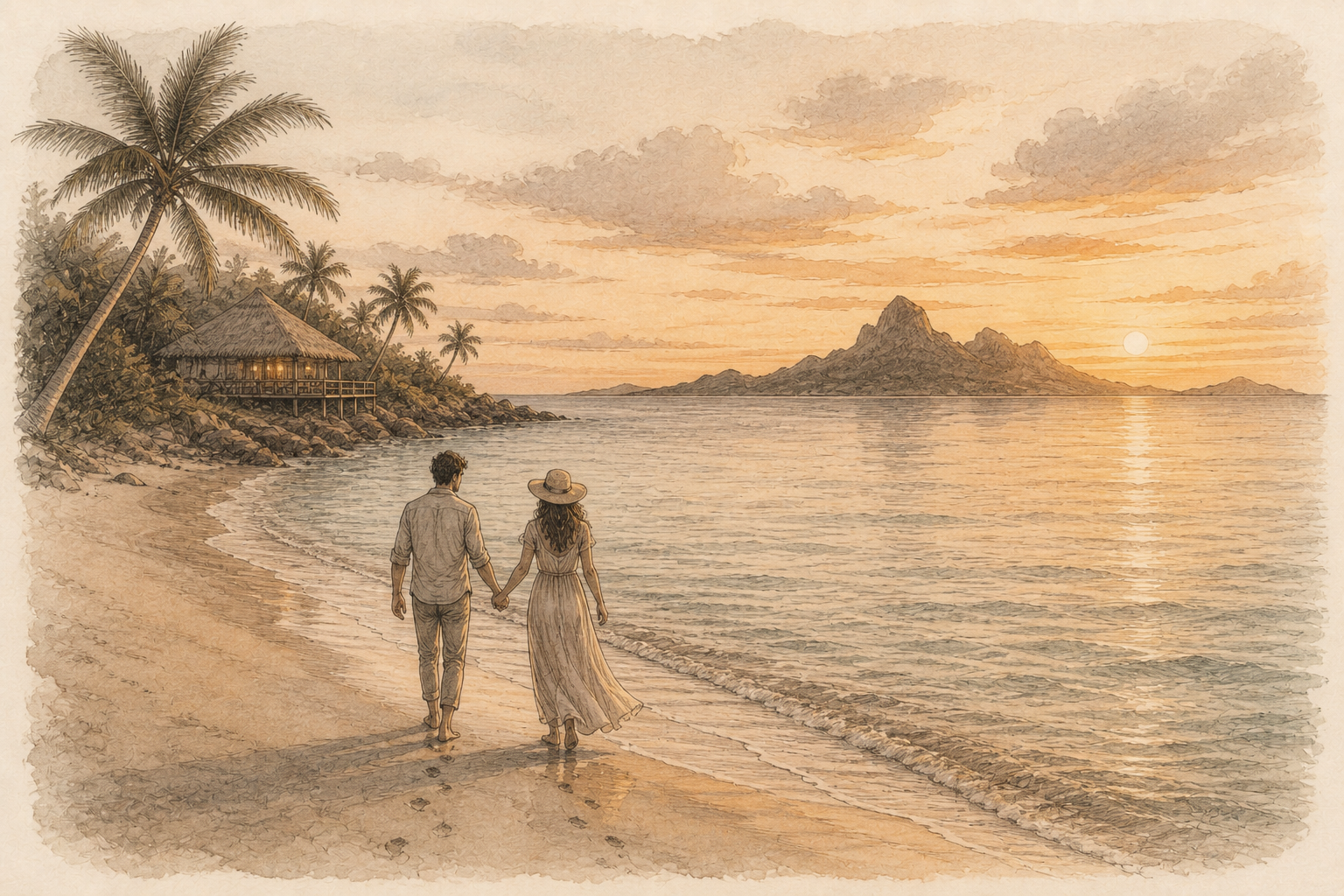Watercolor-style illustration of a couple walking along a peaceful coastal destination, representing River Branch honeymoon planning, travel guidance, and romantic getaway experiences.