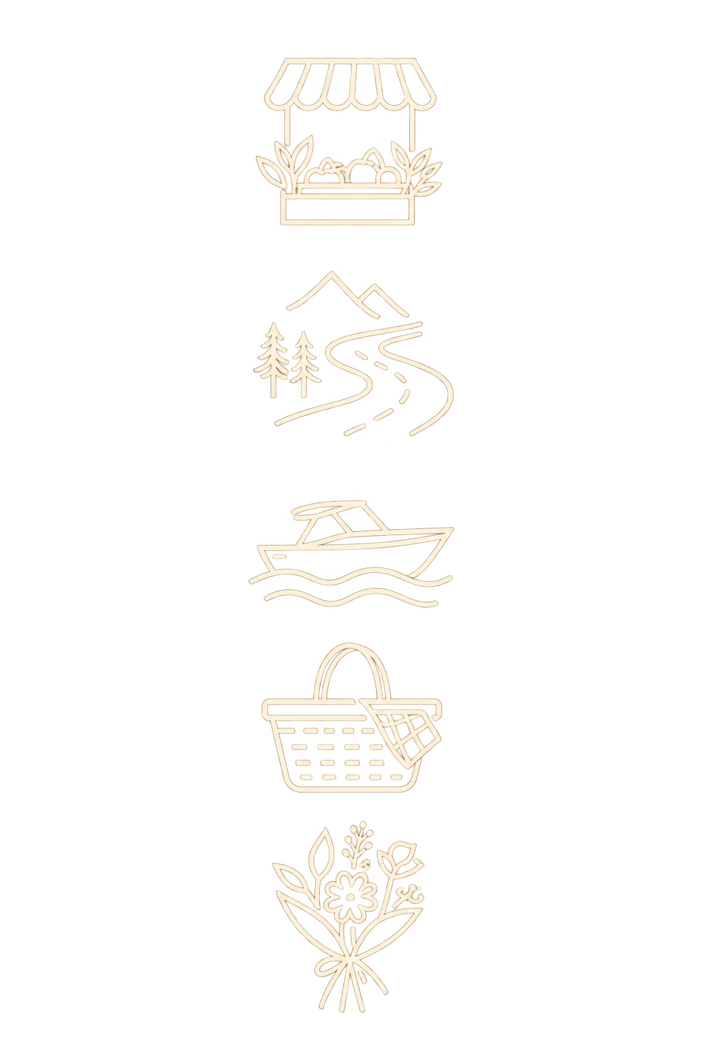 icons on a transparent background featuring a cafe, road, boat, picnic basket, and flowers