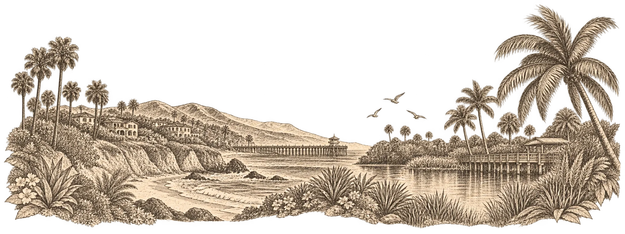 Sepia ink illustration blending Orange County, California's coastal cliffs and pier with Orange County, Florida's palm trees, wetlands, and waterfront scenery.