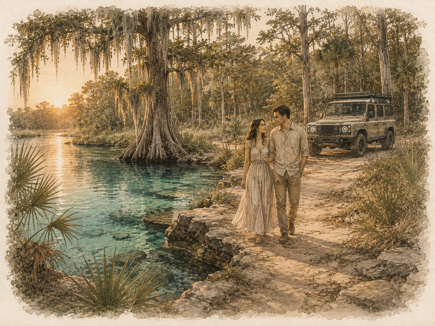 Watercolor-style illustration of an engaged couple overlooking a scenic florida spring lake at sunset, representing River Branch engagement photography and location-guided sessions.