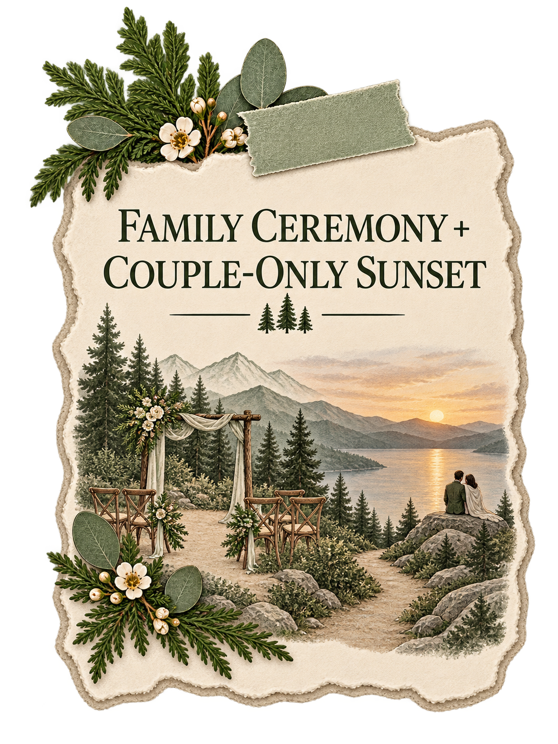 Family ceremony and couple-only sunset elopement card with a small outdoor ceremony setup, mountain lake view, and sunset overlook on torn cream paper.