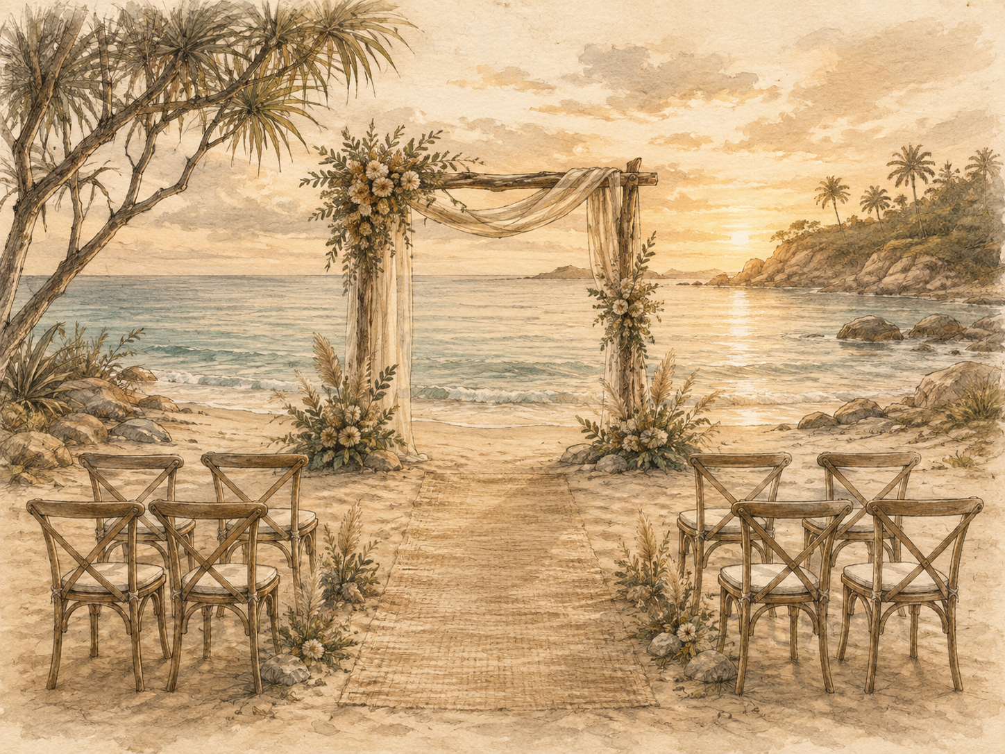 Watercolor-style illustration of an intimate beach wedding ceremony with eight wooden chairs, a natural boho altar, soft florals, palm trees, and ocean views at sunset.
