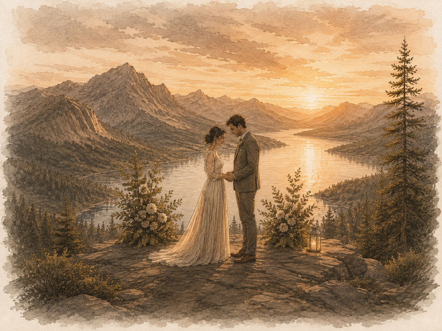 Watercolor-style illustration of an intimate wedding ceremony at a scenic overlook, representing River Branch elopement planning, intimate weddings, and story-driven photography.